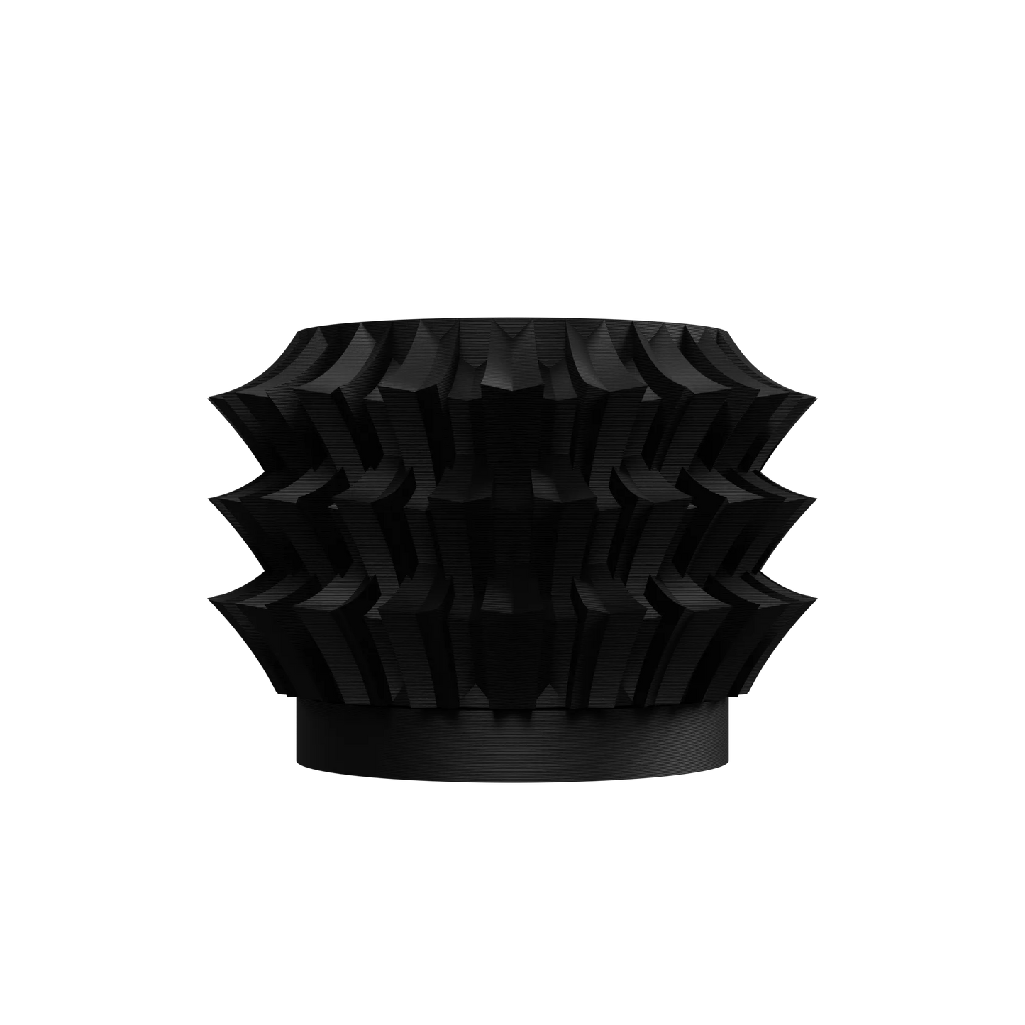 Pot décoratif noir moderne en matériau texturé, forme ronde avec motifs géométriques en relief en couches superposées.