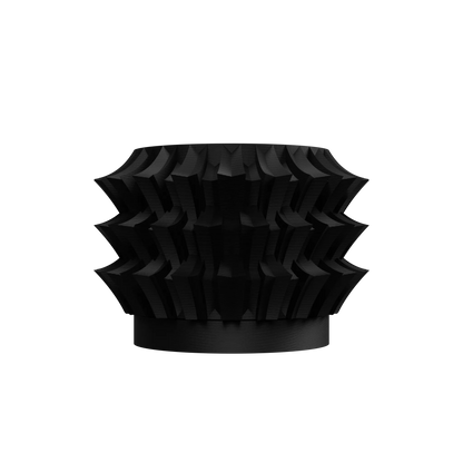 Pot décoratif noir moderne en matériau texturé, forme ronde avec motifs géométriques en relief en couches superposées.