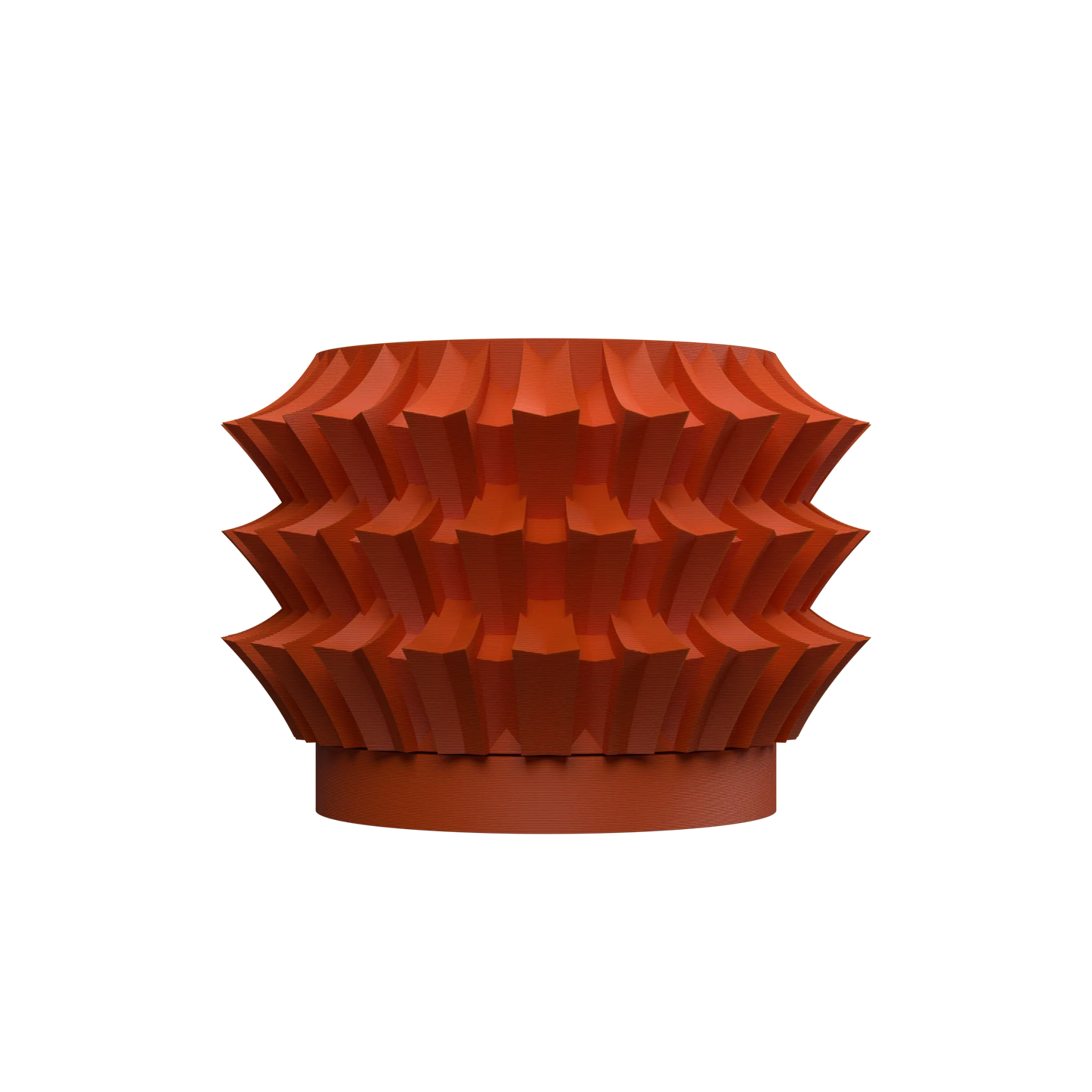 Pot décoratif moderne Jori en métal rouge brique avec motifs géométriques en relief et base circulaire solide.