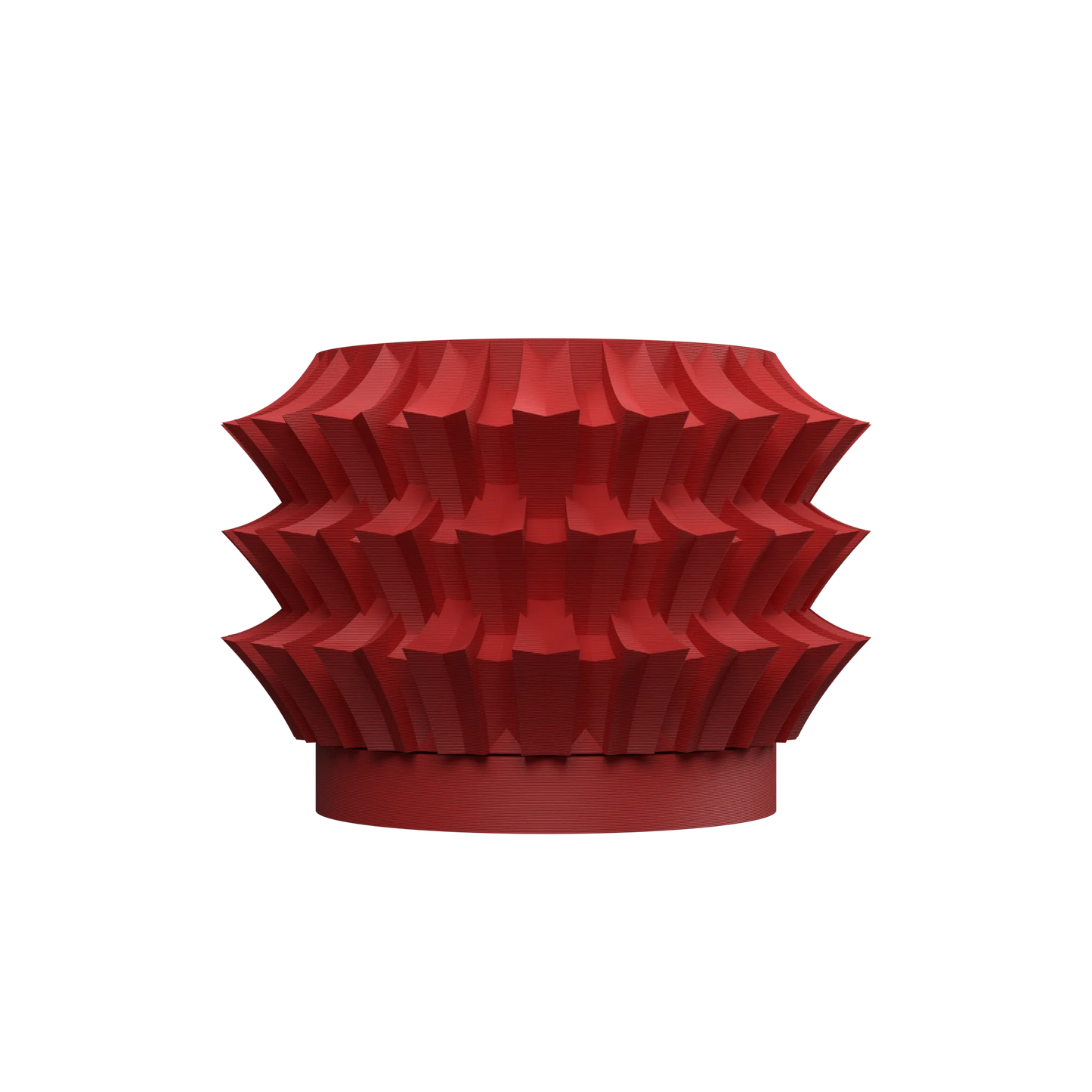 Pot décoratif rouge vif en plastique moderne avec motifs géométriques en relief empilés en forme d’anneaux.