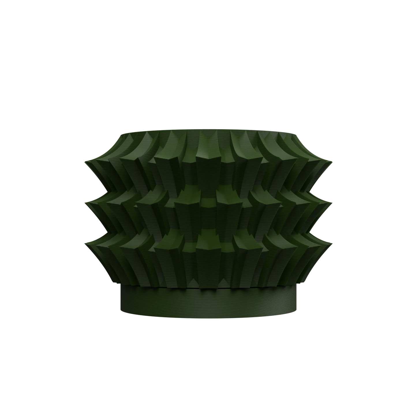 Pot décoratif vert foncé en forme cylindrique avec motifs géométriques en relief autour, style moderne et texturé.