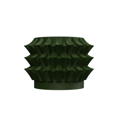 Pot décoratif vert foncé en forme cylindrique avec motifs géométriques en relief autour, style moderne et texturé.