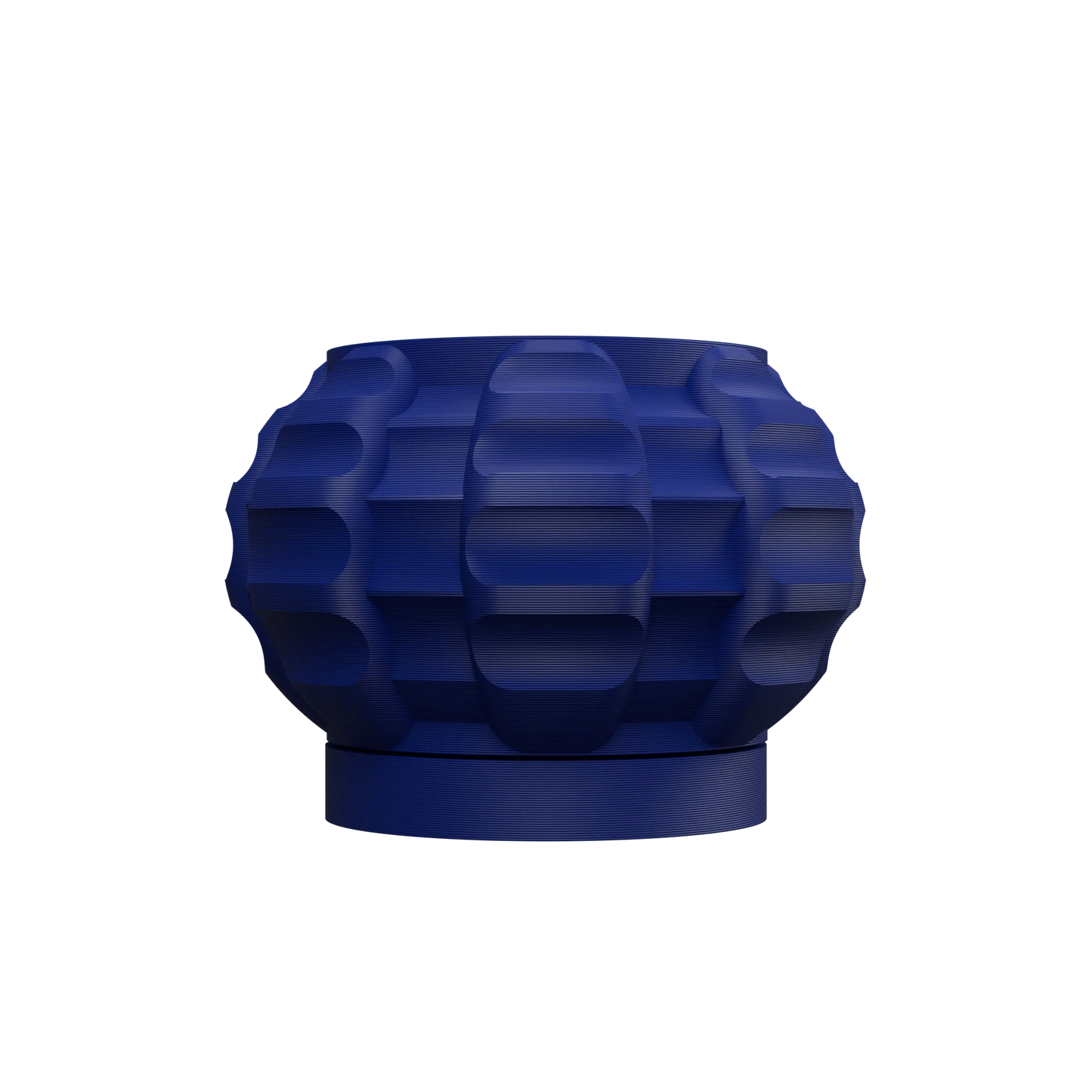 Pot décoratif rond en jute bleu marine, à surface ondulée et base plate pour stabilité, style moderne et texturé.