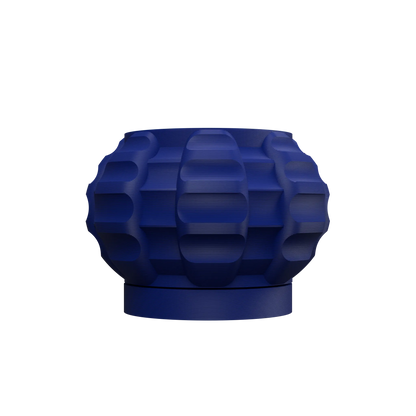 Pot décoratif rond en jute bleu marine, à surface ondulée et base plate pour stabilité, style moderne et texturé.