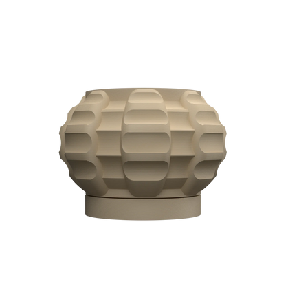 Pot décoratif beige en matériau moderne au design géométrique bombé avec motifs en relief et base ronde plate.