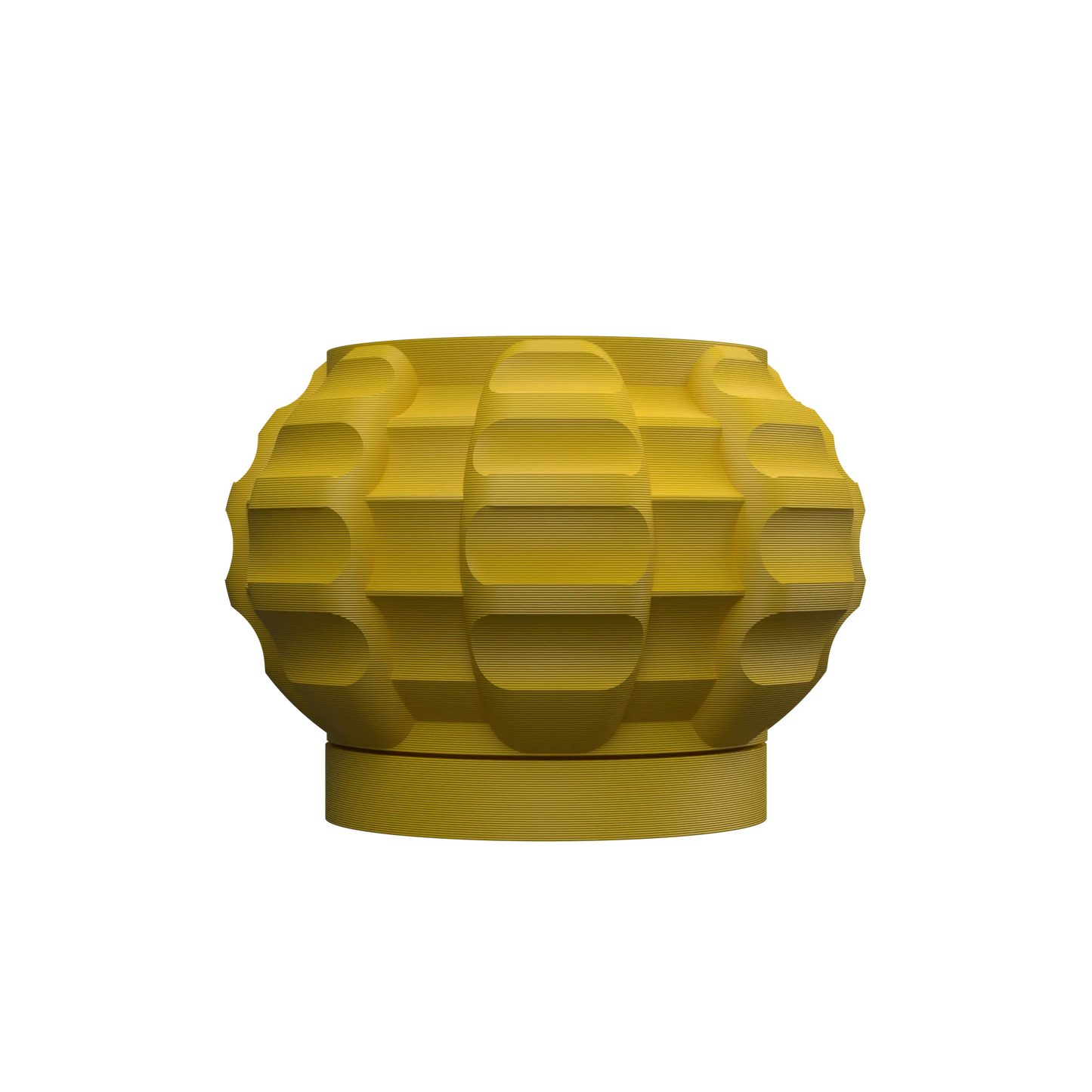 Pot décoratif jaune moutarde en jute avec texture géométrique en relief et base circulaire plate.