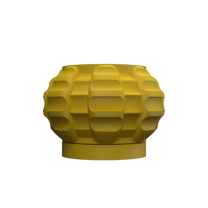 Pot décoratif jaune moutarde en jute avec texture géométrique en relief et base circulaire plate.