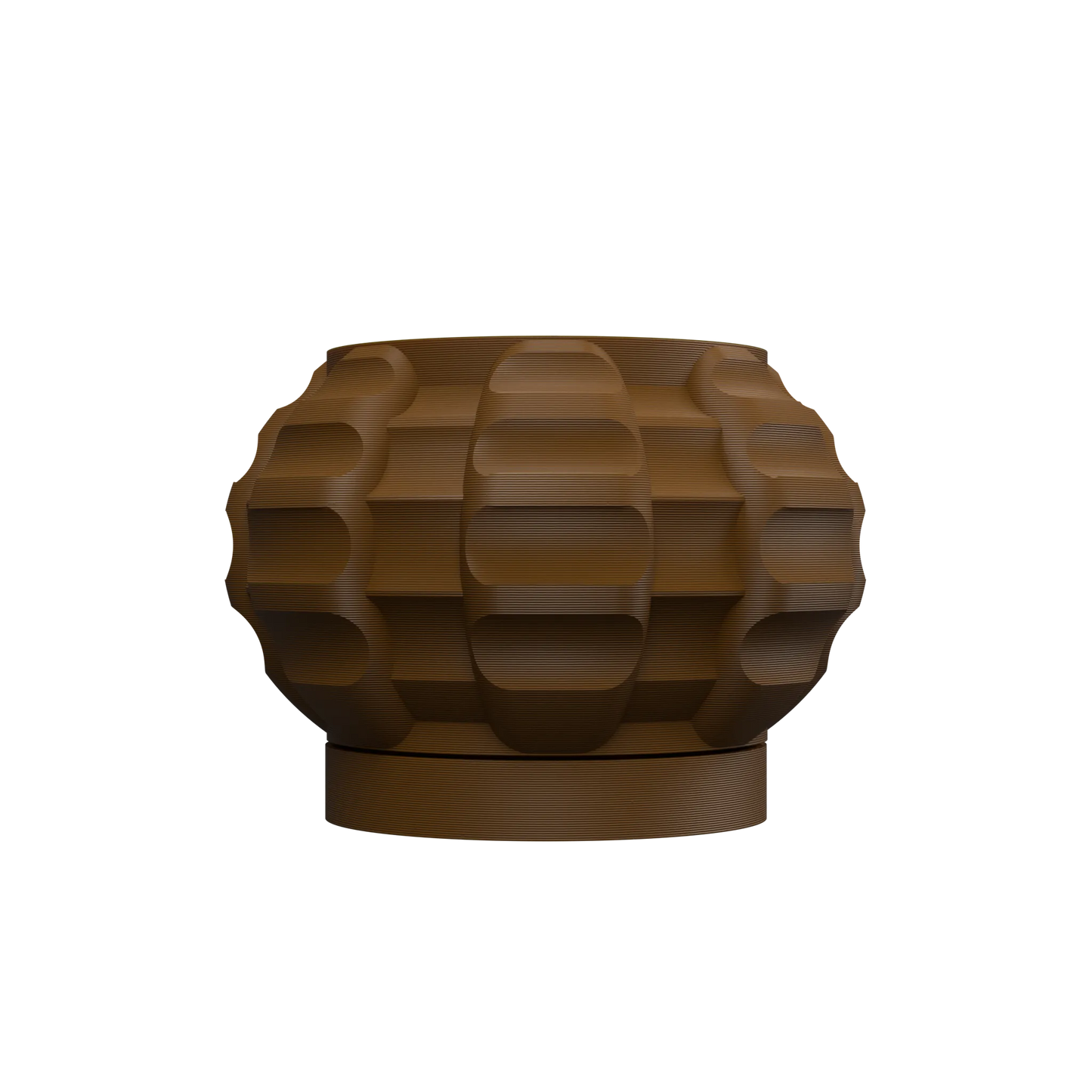 Pot décoratif en jute marron, forme arrondie avec reliefs géométriques en bandes horizontales et base plate ronde.