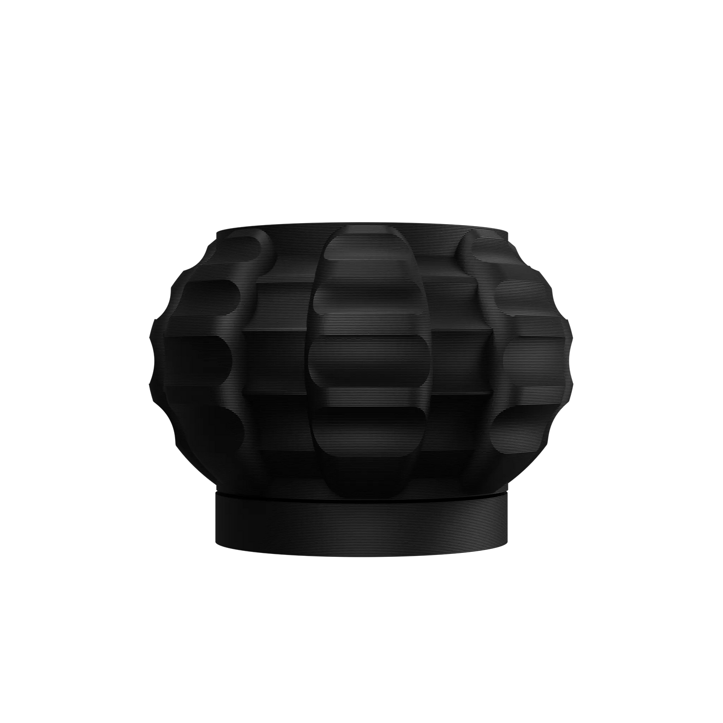 Pot décoratif noir mat en jute tressée, forme ronde avec motifs géométriques en relief et base plate robuste.