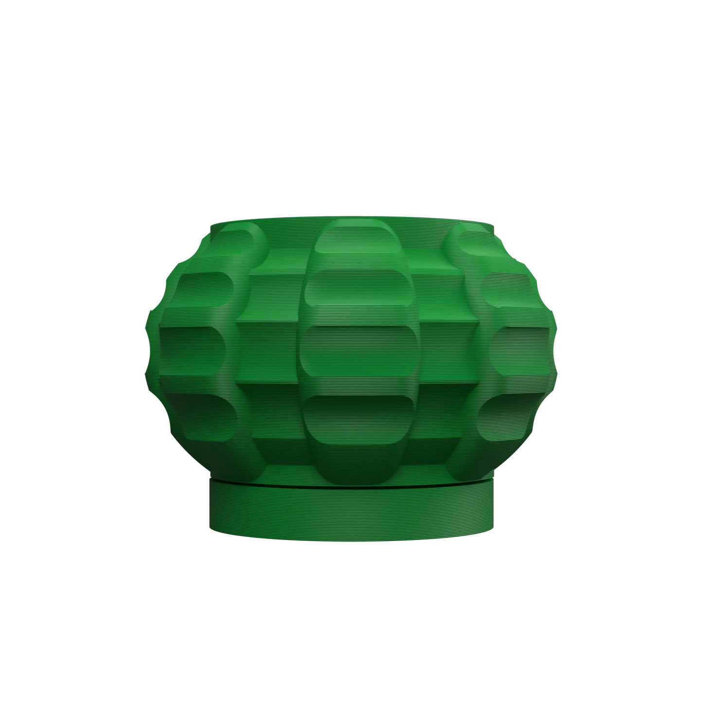 Pot décoratif vert en jute avec surface texturée en relief et base ronde plate.