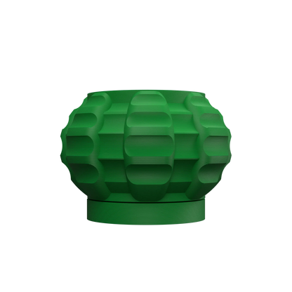 Pot décoratif vert en jute avec surface texturée en relief et base ronde plate.