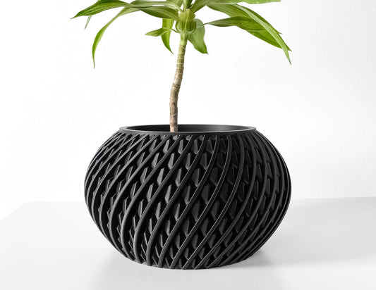 Pot décoratif anthracite en matériau durable avec design contemporain en motifs entrelacés circulaires, forme ronde et large.