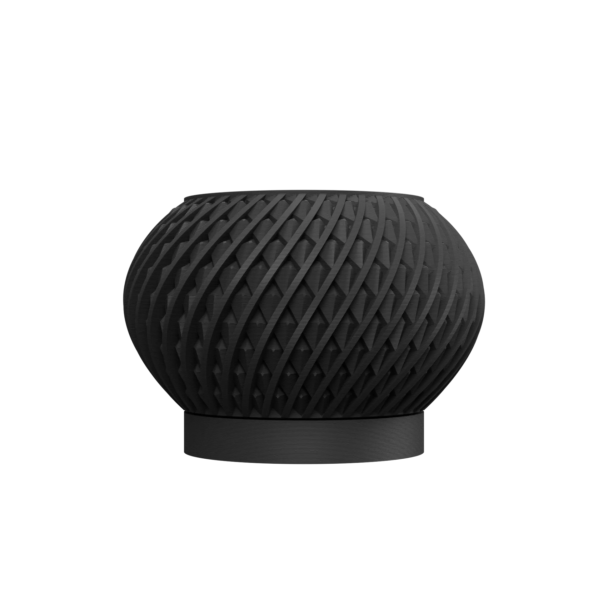 Pot décoratif noir mat avec surface texturée en motifs entrelacés, forme ronde et base plate.