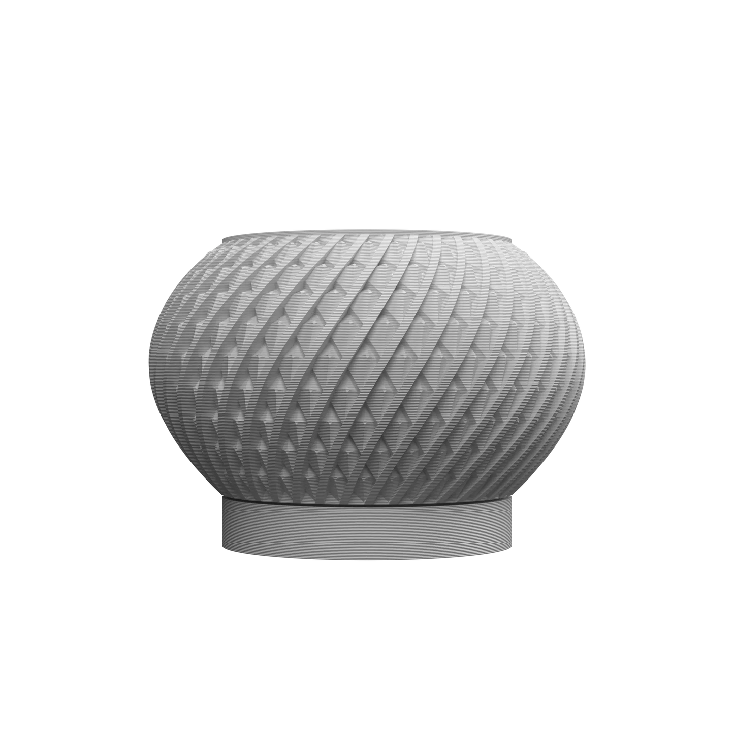 Pot décoratif gris clair en matériau texturé avec motif géométrique en relief, forme arrondie et base plate robuste.