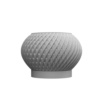 Pot décoratif gris clair en matériau texturé avec motif géométrique en relief, forme arrondie et base plate robuste.