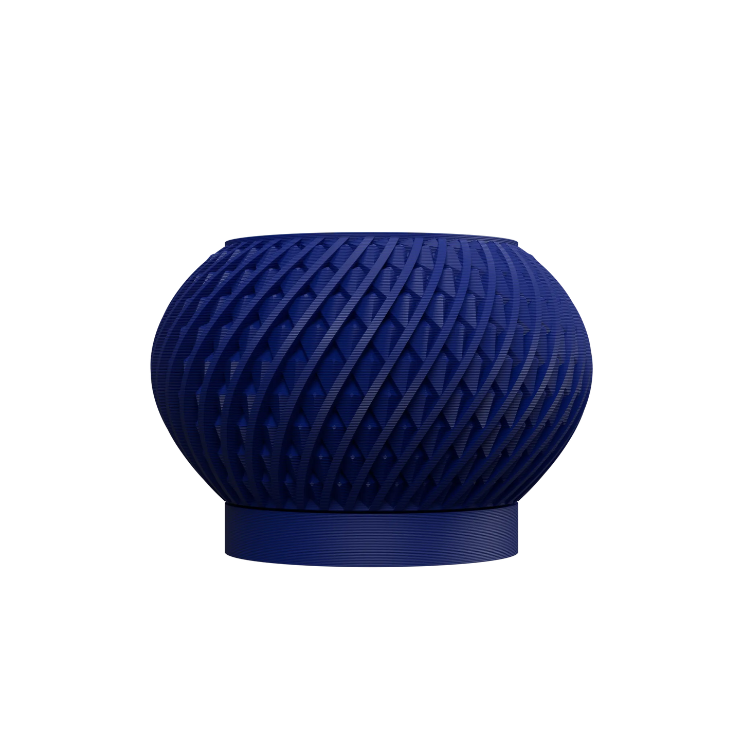 Pot décoratif bleu marine en plastique moulé, forme arrondie avec surface texturée en motifs entrelacés, base plate ronde.