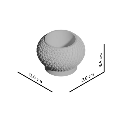 Pot décoratif rond gris avec motifs géométriques en relief couvrant toute la surface, base étroite et bord évasé.