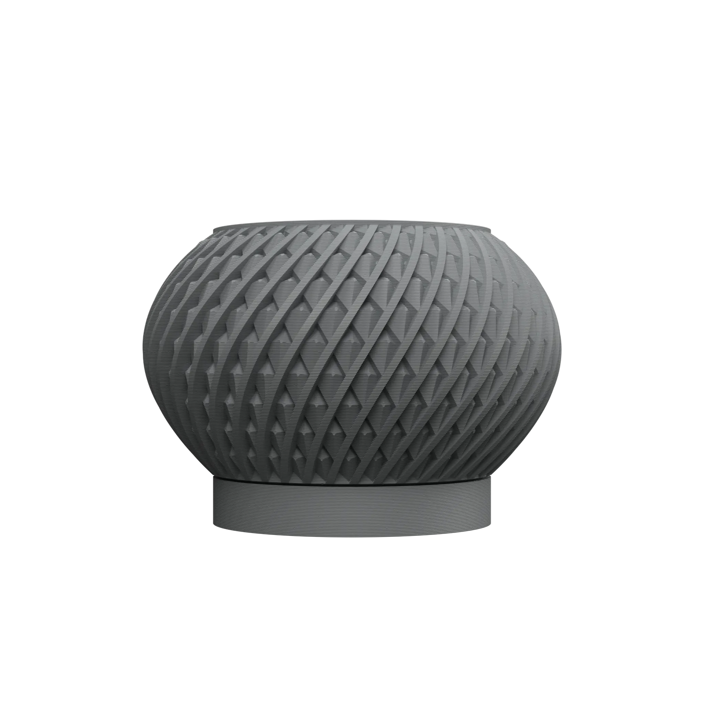 Pot décoratif gris foncé à la forme ronde avec motif en relief tressé et base plate solide.