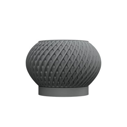 Pot décoratif gris foncé à la forme ronde avec motif en relief tressé et base plate solide.