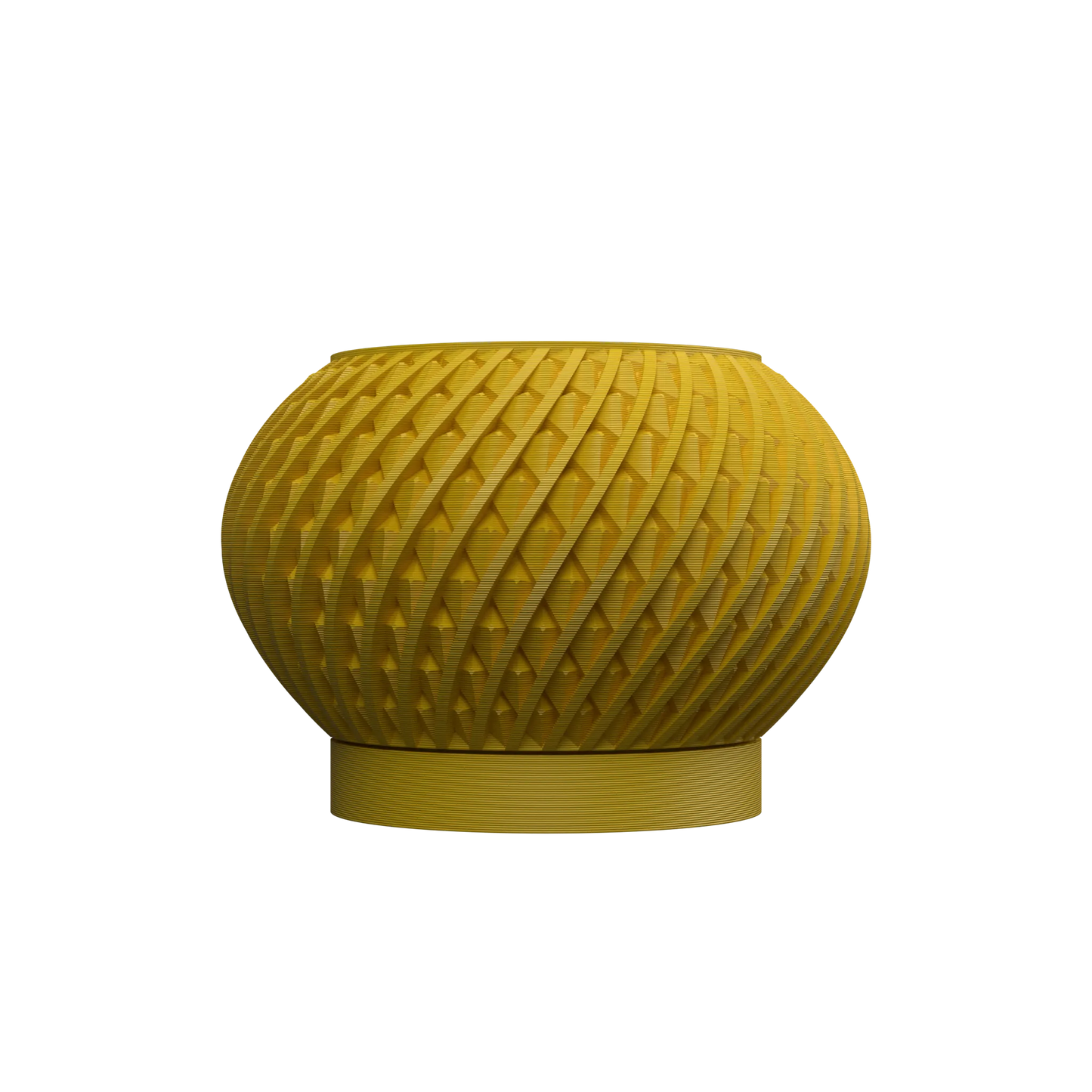 Pot décoratif jaune moutarde au design moderne, forme ronde bombée avec surface texturée en motifs géométriques torsadés.