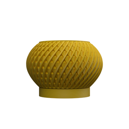Pot décoratif jaune moutarde au design moderne, forme ronde bombée avec surface texturée en motifs géométriques torsadés.