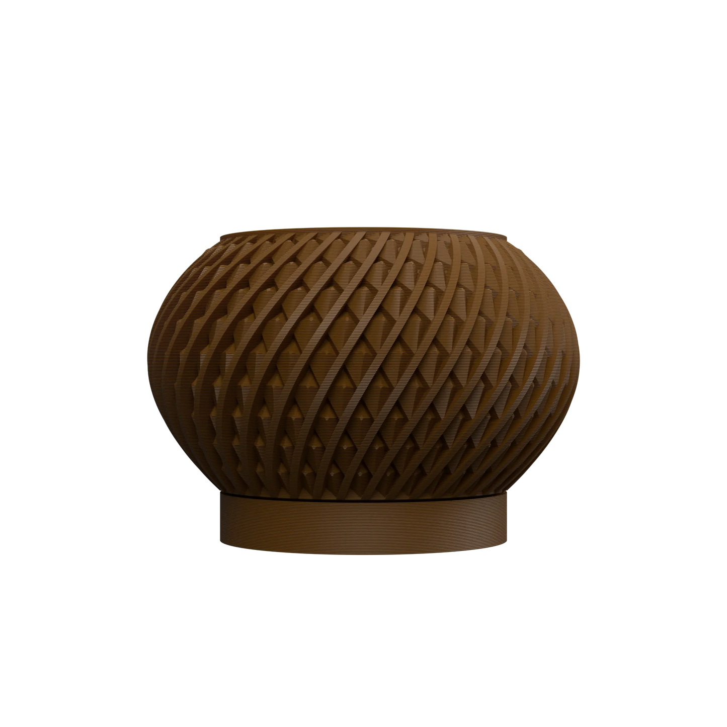 Pot décoratif marron foncé en matériau texturé à motifs entrelacés, forme arrondie avec base plate ronde.