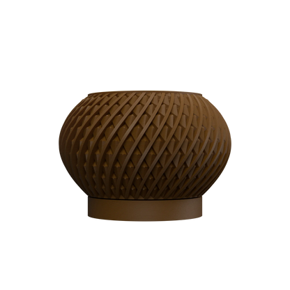 Pot décoratif marron foncé en matériau texturé à motifs entrelacés, forme arrondie avec base plate ronde.