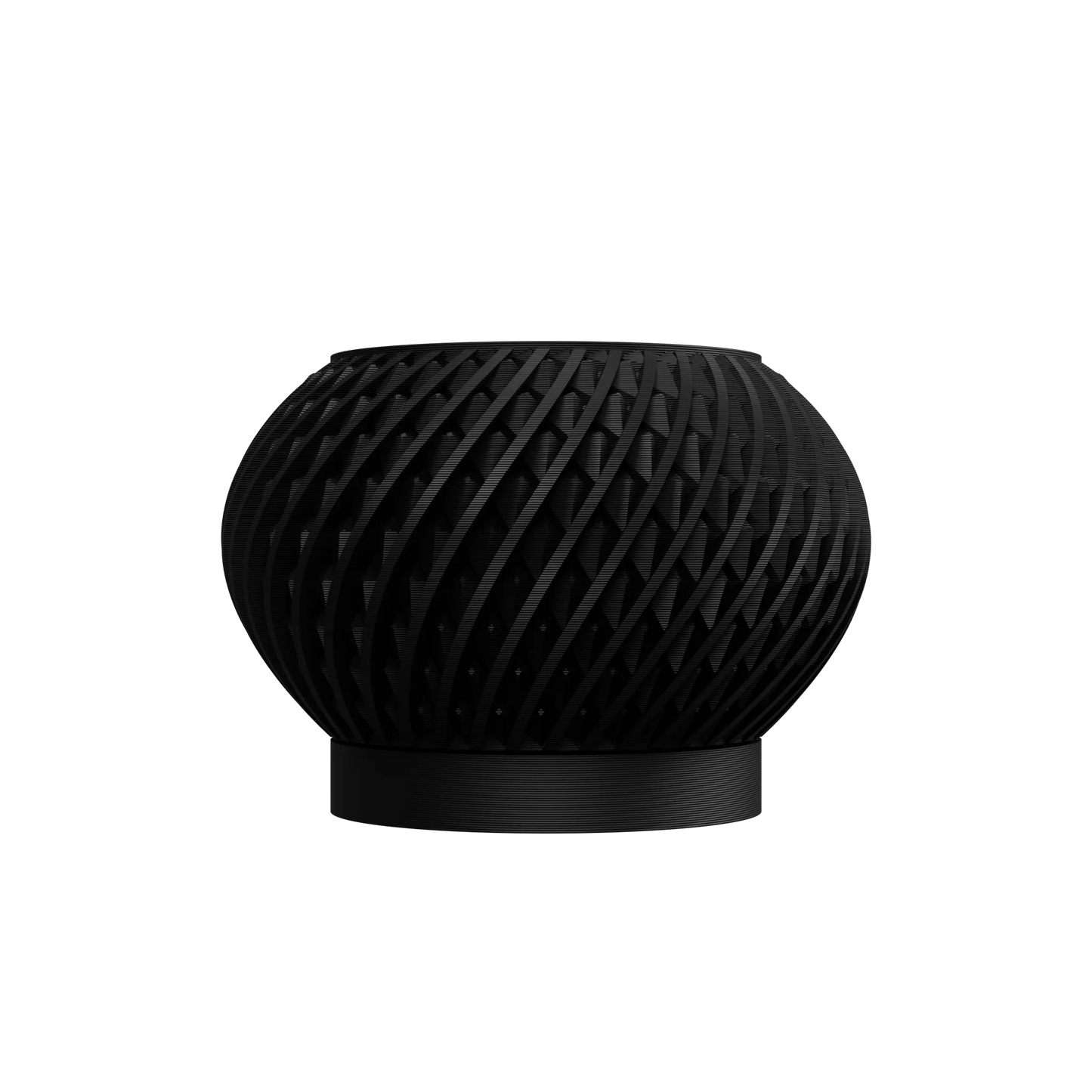 Pot décoratif noir mat en plastique moderne avec surface ajourée en motifs entrelacés et base ronde plate.