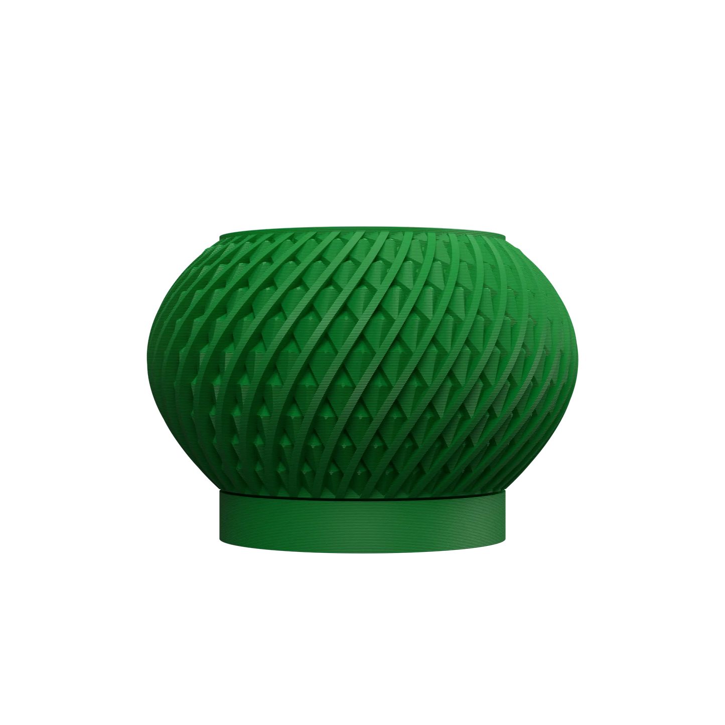 Pot décoratif vert foncé en matériau moderne, forme ronde avec texture en relief tressé, base plate circulaire.