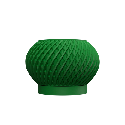 Pot décoratif vert foncé en matériau moderne, forme ronde avec texture en relief tressé, base plate circulaire.