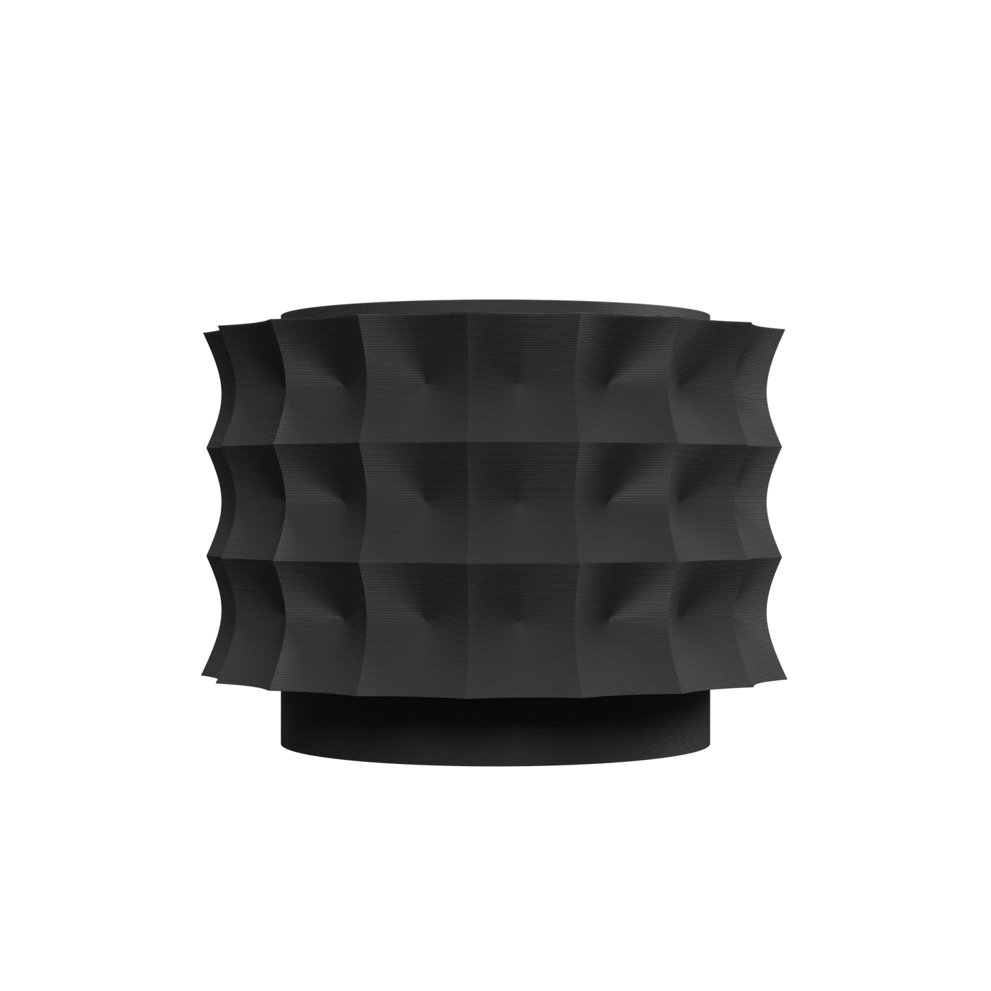 Pot décoratif noir mat à surface géométrique en relief avec base ronde et forme cylindrique large.