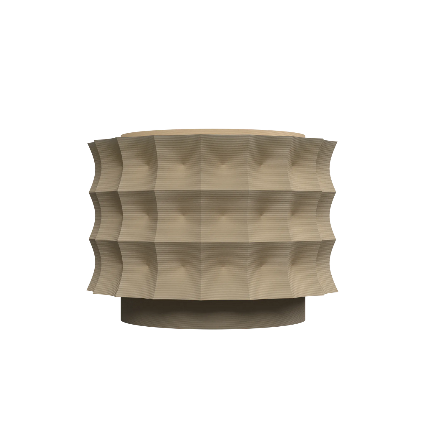 Pot décoratif beige en forme cylindrique avec texture géométrique en relief et base ronde légèrement surélevée, style.