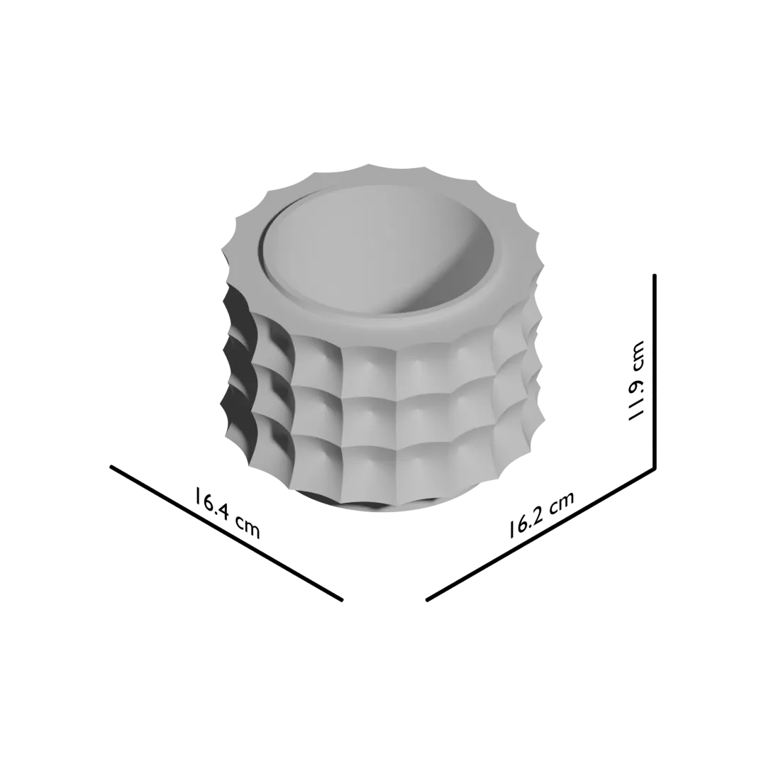 Pot décoratif moderne gris clair avec surface texturée en relief ondulé, forme cylindrique creuse.