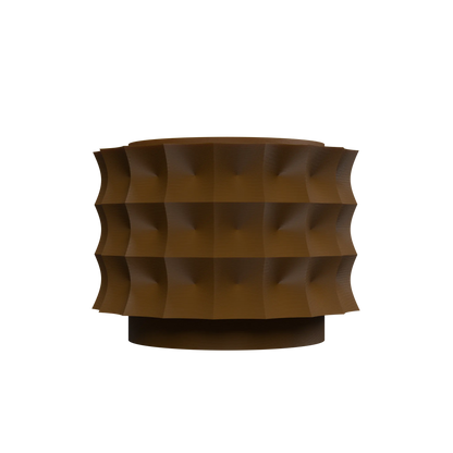 Pot décoratif brun en matériau moderne avec surface texturée en relief géométrique ondulé.
