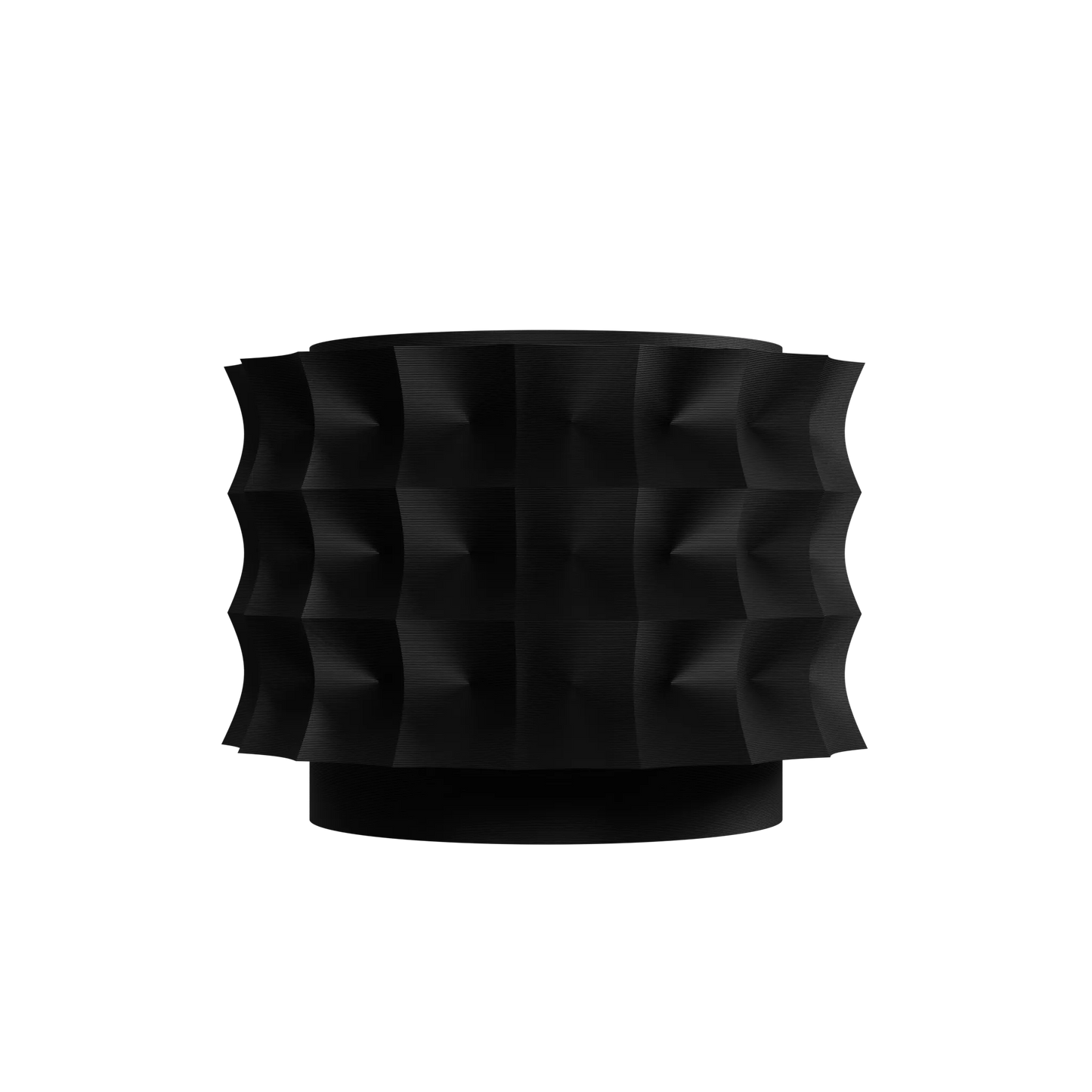 Pot décoratif noir mat avec surface texturée en relief géométrique ondulé, forme cylindrique moderne et base légèrement.