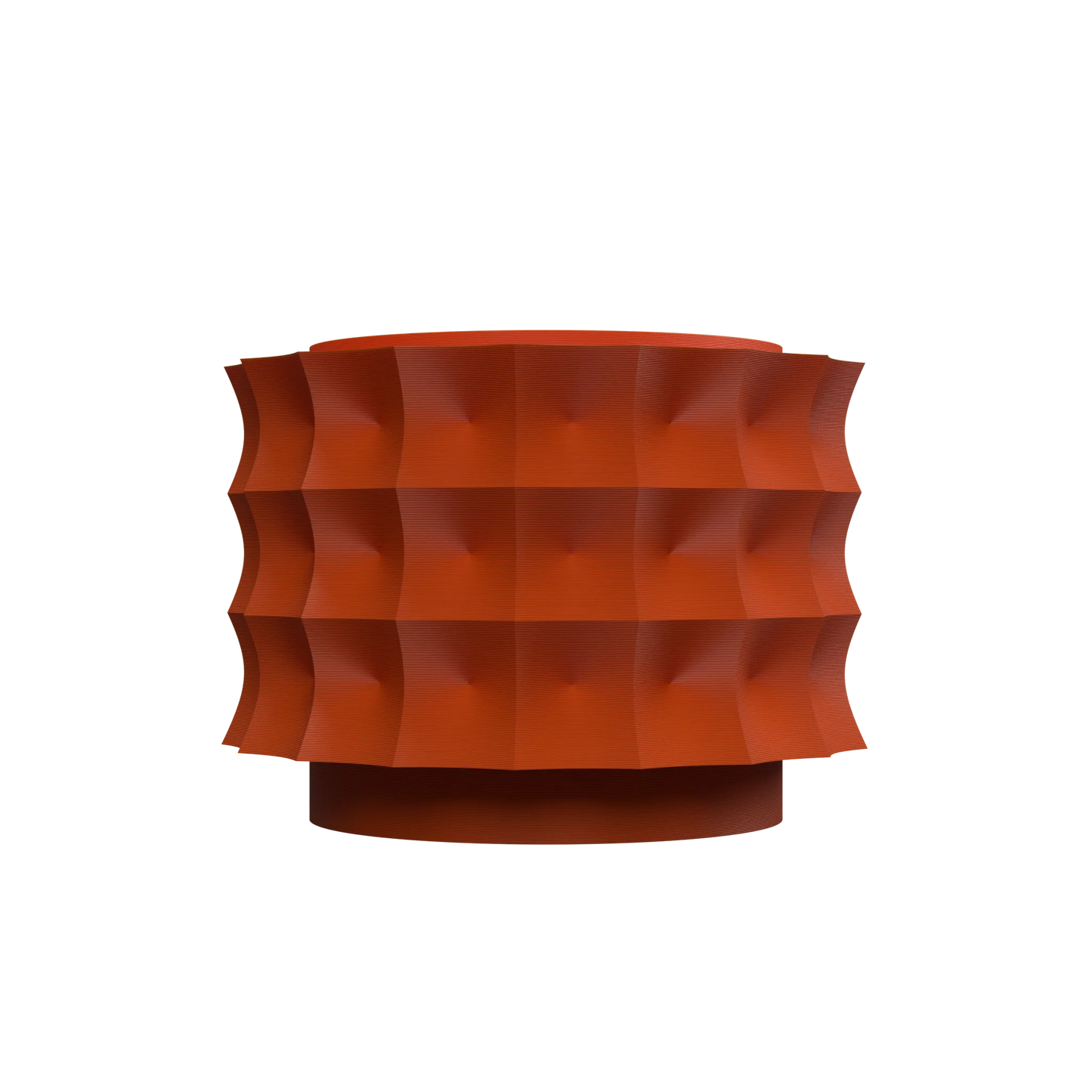 Pot décoratif moderne en plastique rouge brique, forme cylindrique ondulée avec base ronde plate.