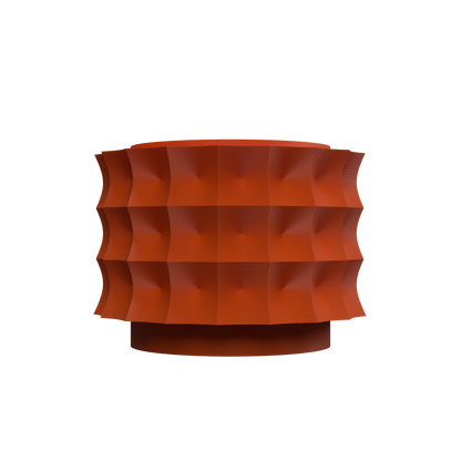 Pot décoratif moderne en plastique rouge brique, forme cylindrique ondulée avec base ronde plate.