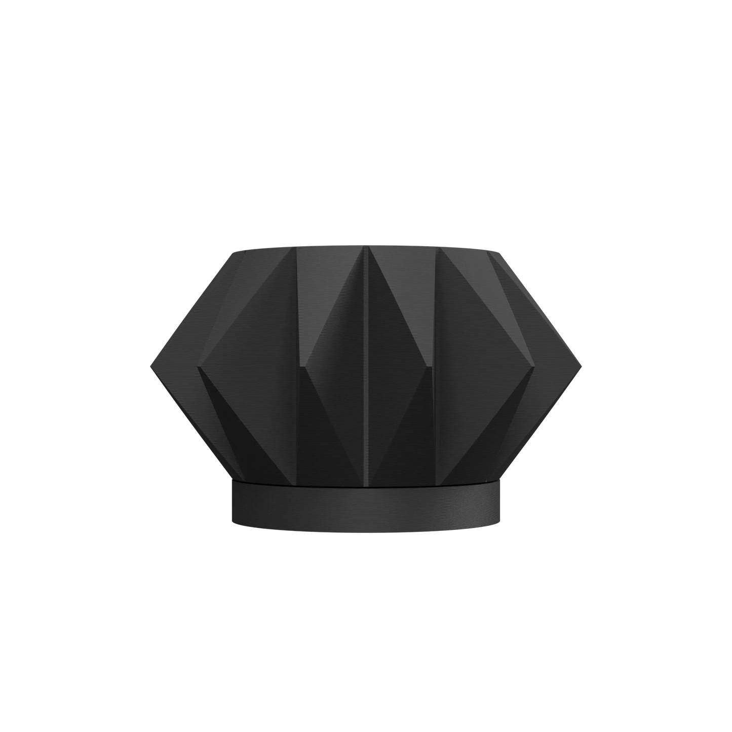 Pot décoratif noir mat au design géométrique avec facettes triangulaires, base circulaire plate.