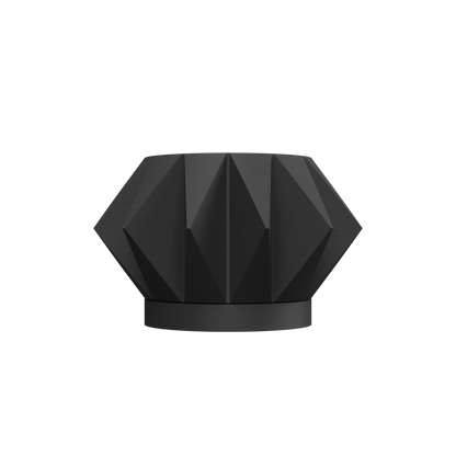 Pot décoratif noir mat au design géométrique avec facettes triangulaires, base circulaire plate.