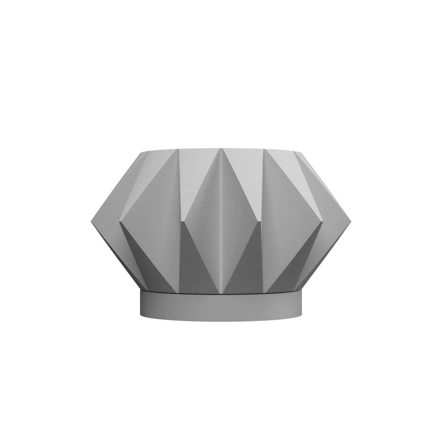 Pot décoratif gris en forme géométrique avec facettes triangulaires, base ronde et style moderne.