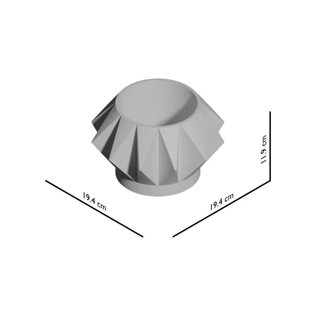 Pot décoratif gris clair en forme conique avec motifs géométriques facettés modernes, surface mate.