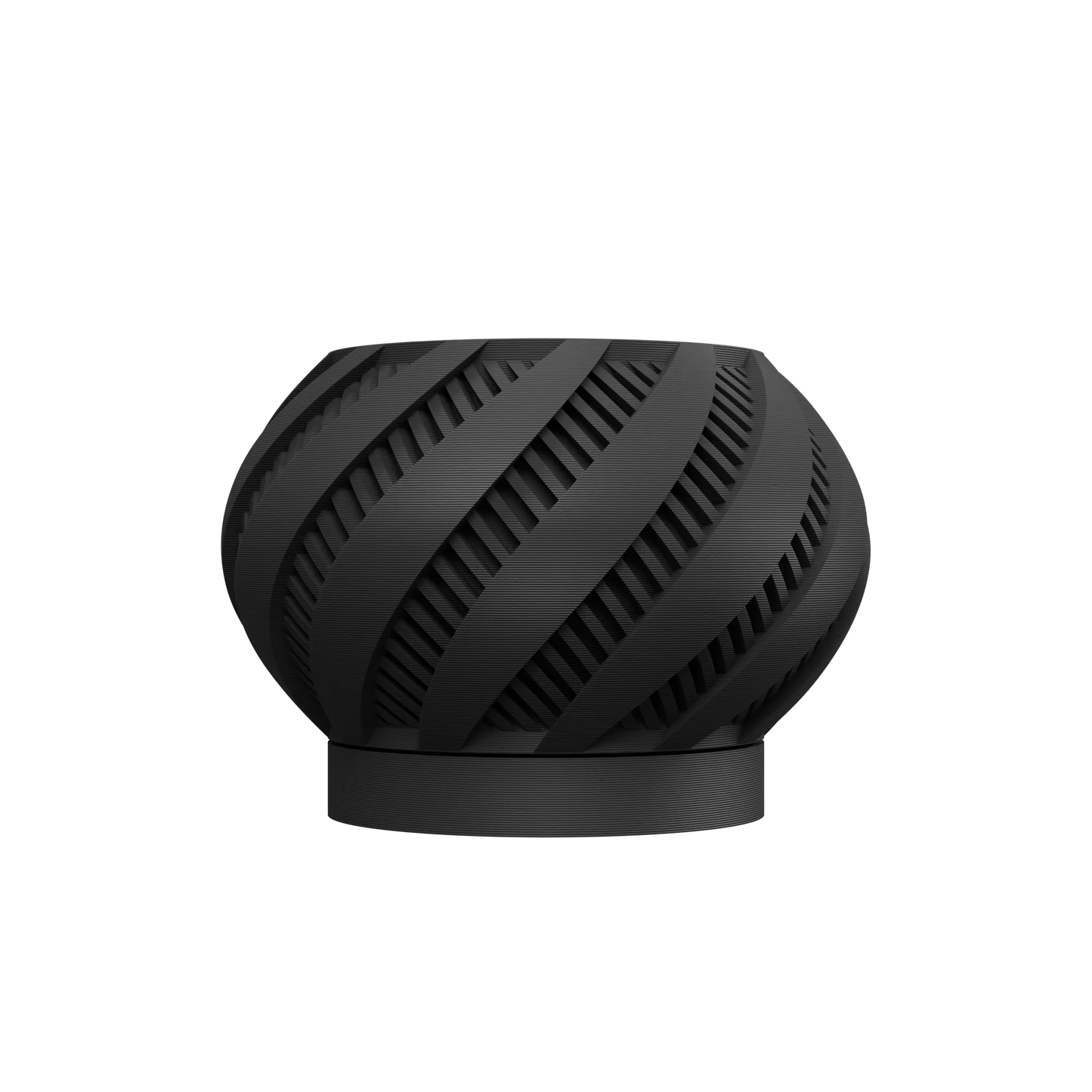 Pot décoratif rond noir mat en plastique moderne avec rainures diagonales ajourées en spirale, base circulaire plate.