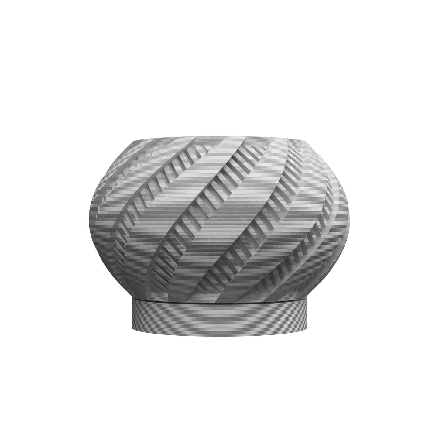 Pot décoratif gris clair avec surface texturée en spirale et base ronde plate.