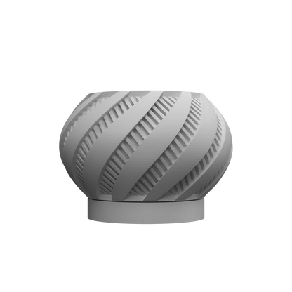 Pot décoratif gris clair avec surface texturée en spirale et base ronde plate.