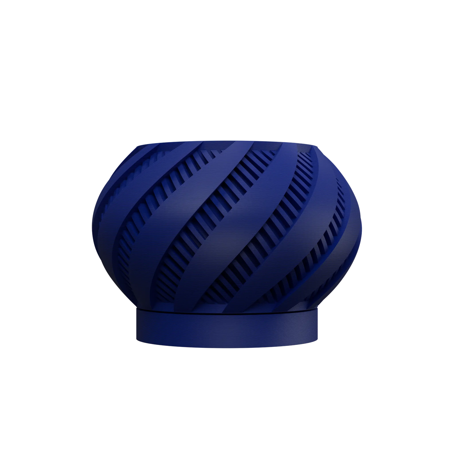Pot décoratif rond en plastique bleu marine avec spirales ajourées inclinées, style moderne et ventilation intégrée.