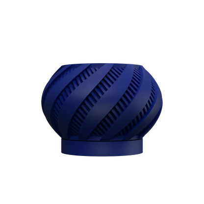 Pot décoratif rond en plastique bleu marine avec spirales ajourées inclinées, style moderne et ventilation intégrée.