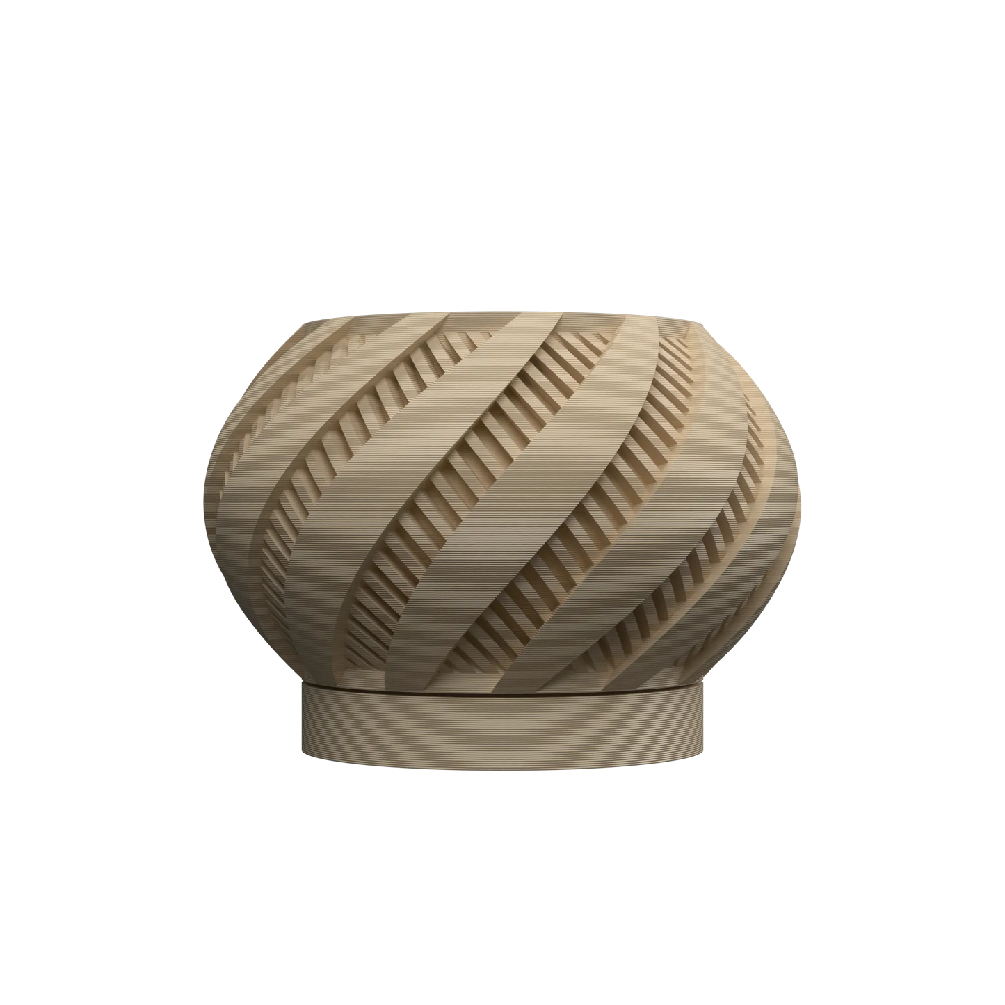 Pot décoratif beige clair en forme arrondie avec motifs incurvés en spirale ajourés, base circulaire stable.