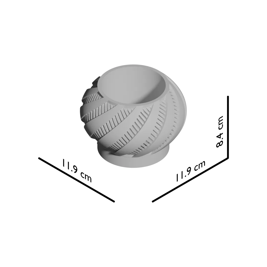 Pot décoratif gris clair en matériau moderne, forme sphérique avec rainures diagonales sculptées, base circulaire plate.