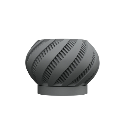 Pot décoratif gris anthracite en plastique moderne, motifs torsadés ajourés, forme ronde bombée sur base circulaire.