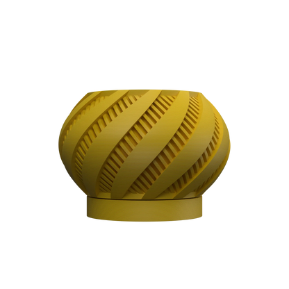 Pot décoratif rond jaune avec motif en spirale creusée, finition mate, base plate stable.